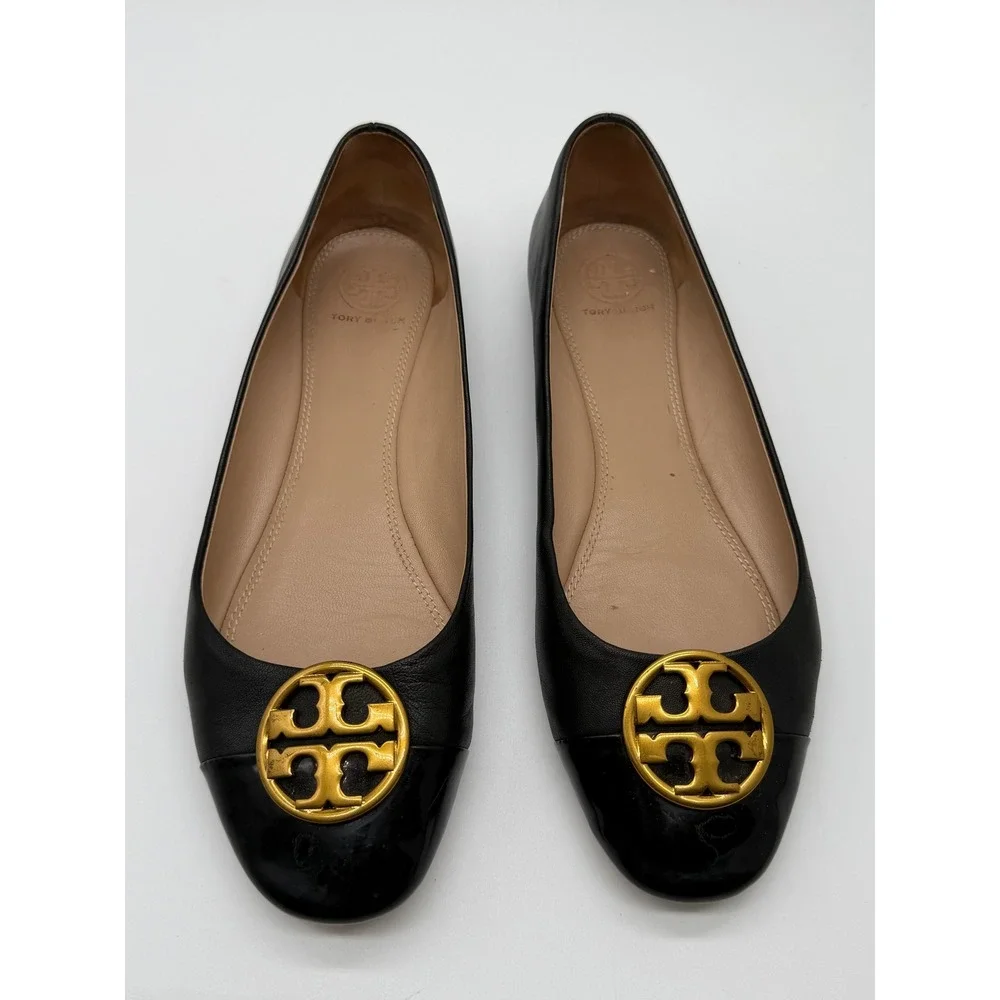 Tory Burch Claire Ballet Flats Womens 8.5M Black Gold Medallion Logo